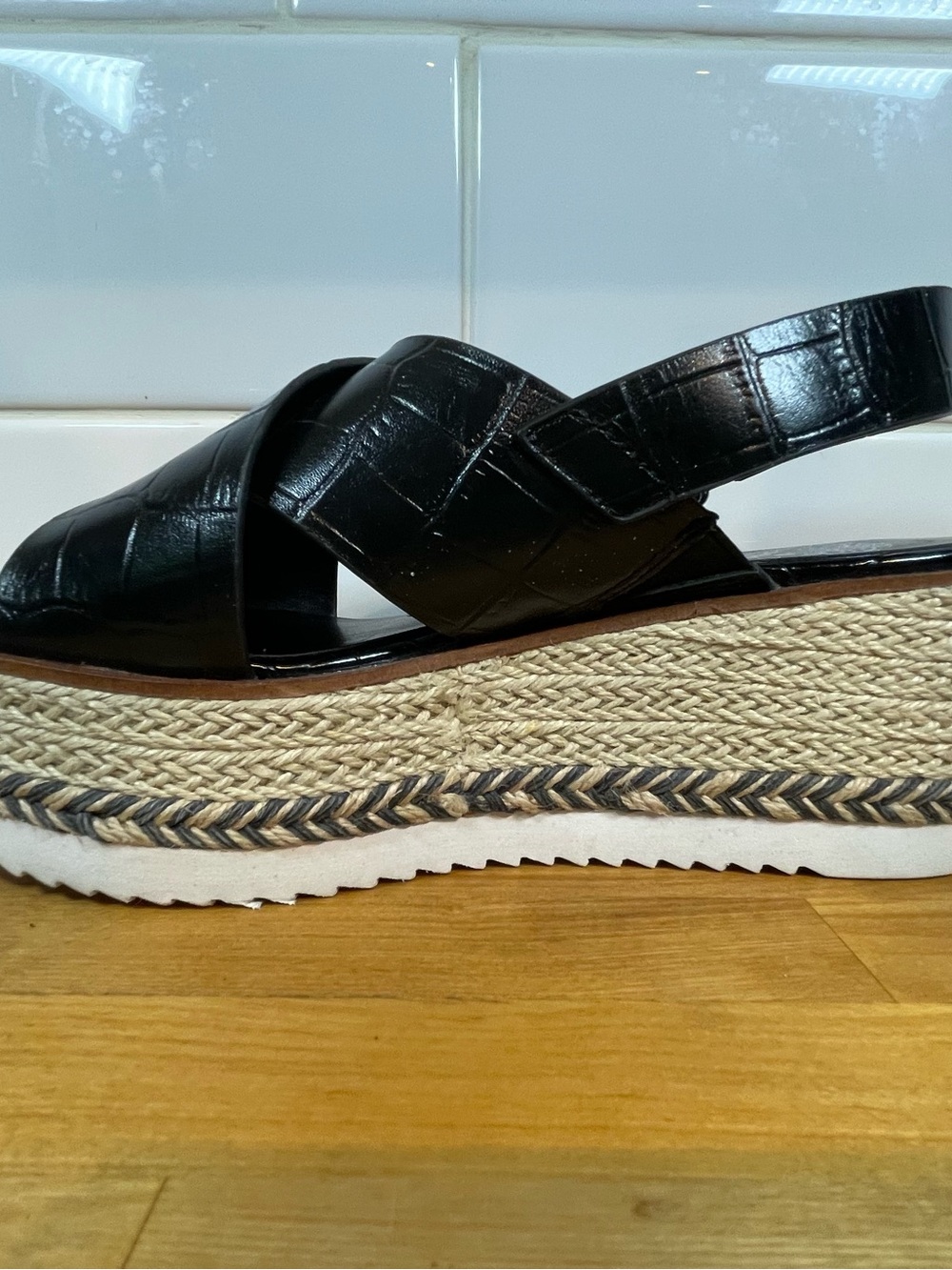 Vince Camuto Black Croc-Embossed Crisscross Espadrille Wedge Sandals